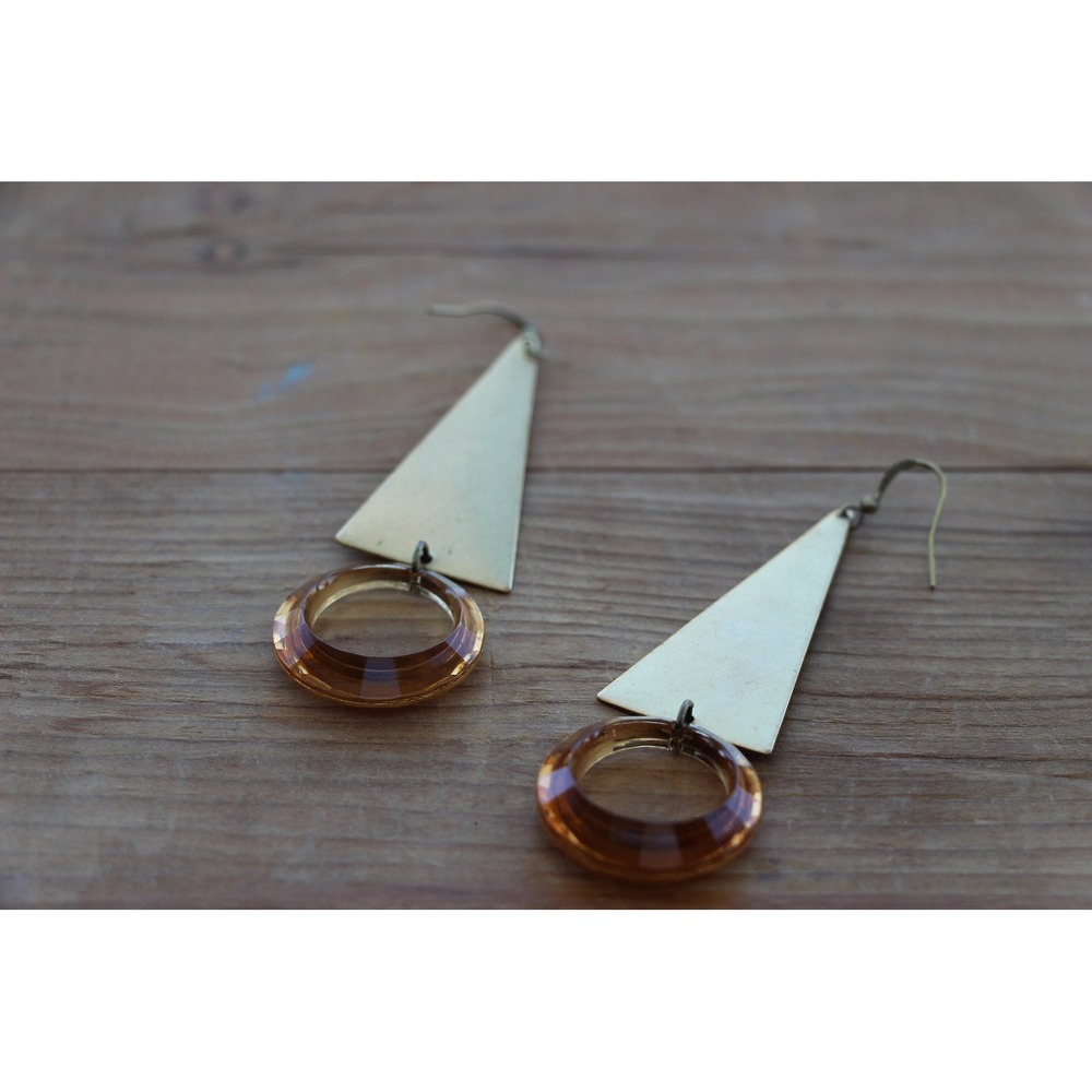 Brass Triangle and Gold Statement Earrings Art Deco Acrylic Dangle Geometric